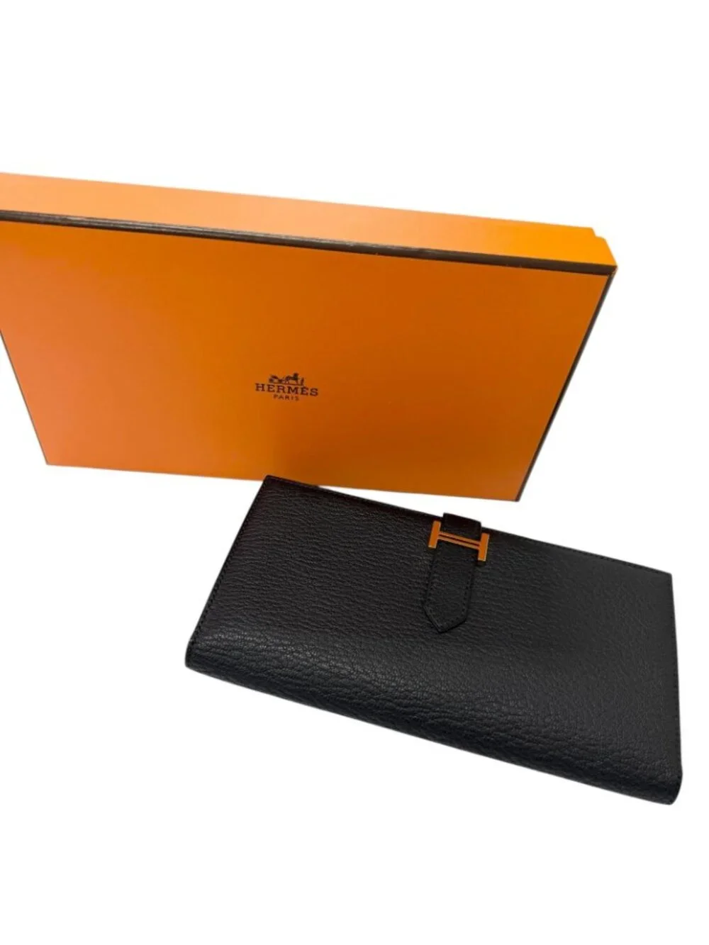 Hermes Bearn Souffle Chevre Logo Gold Wallet Leather Black
